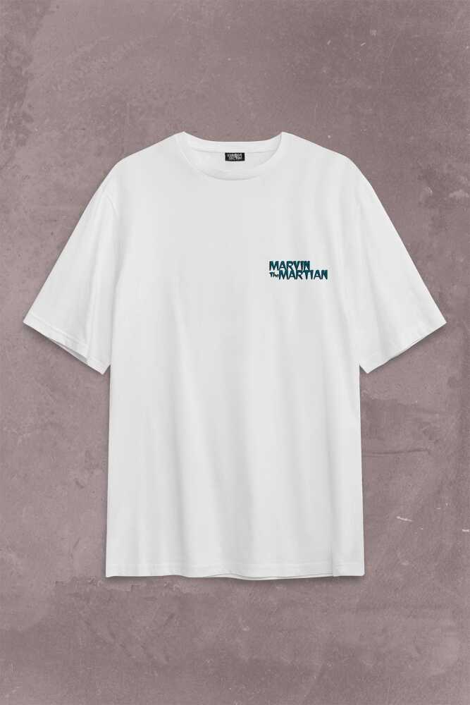 Marvin The Martian Marslı Marvin Çizgi Film Sırt Ön Baskılı Beyaz Oversize Tişört Unisex (1)