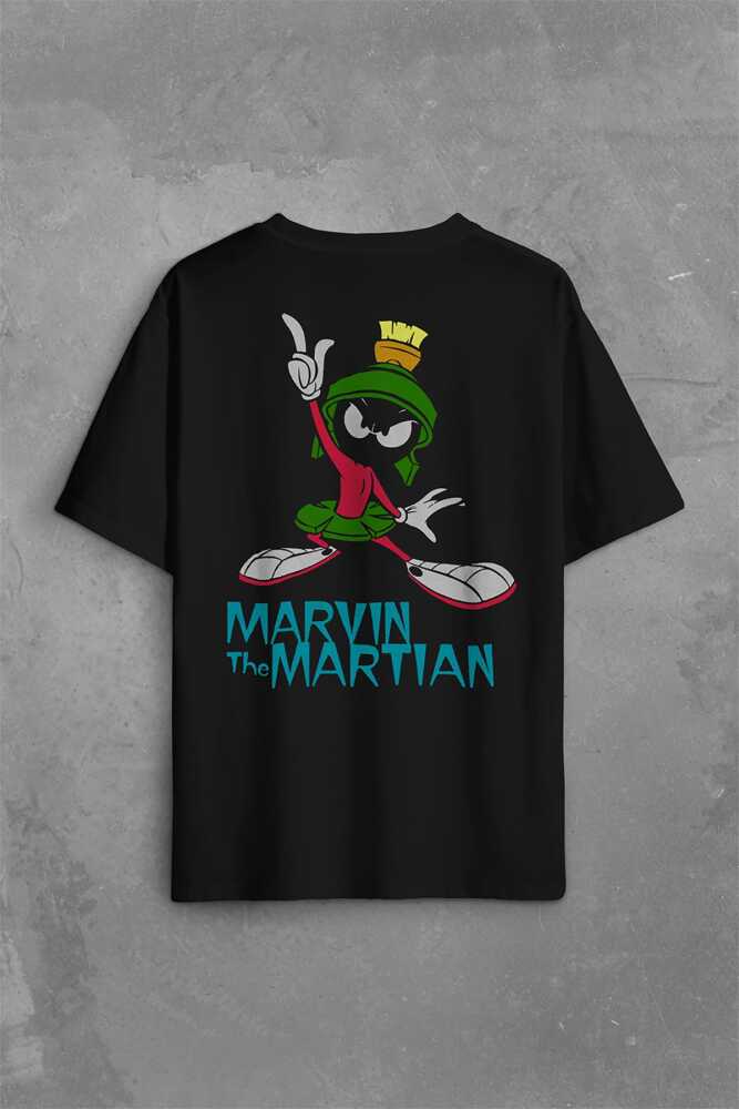 Marvin The Martian Marslı Marvin Çizgi Film Sırt Ön Baskılı Siyah Oversize Tişört Unisex