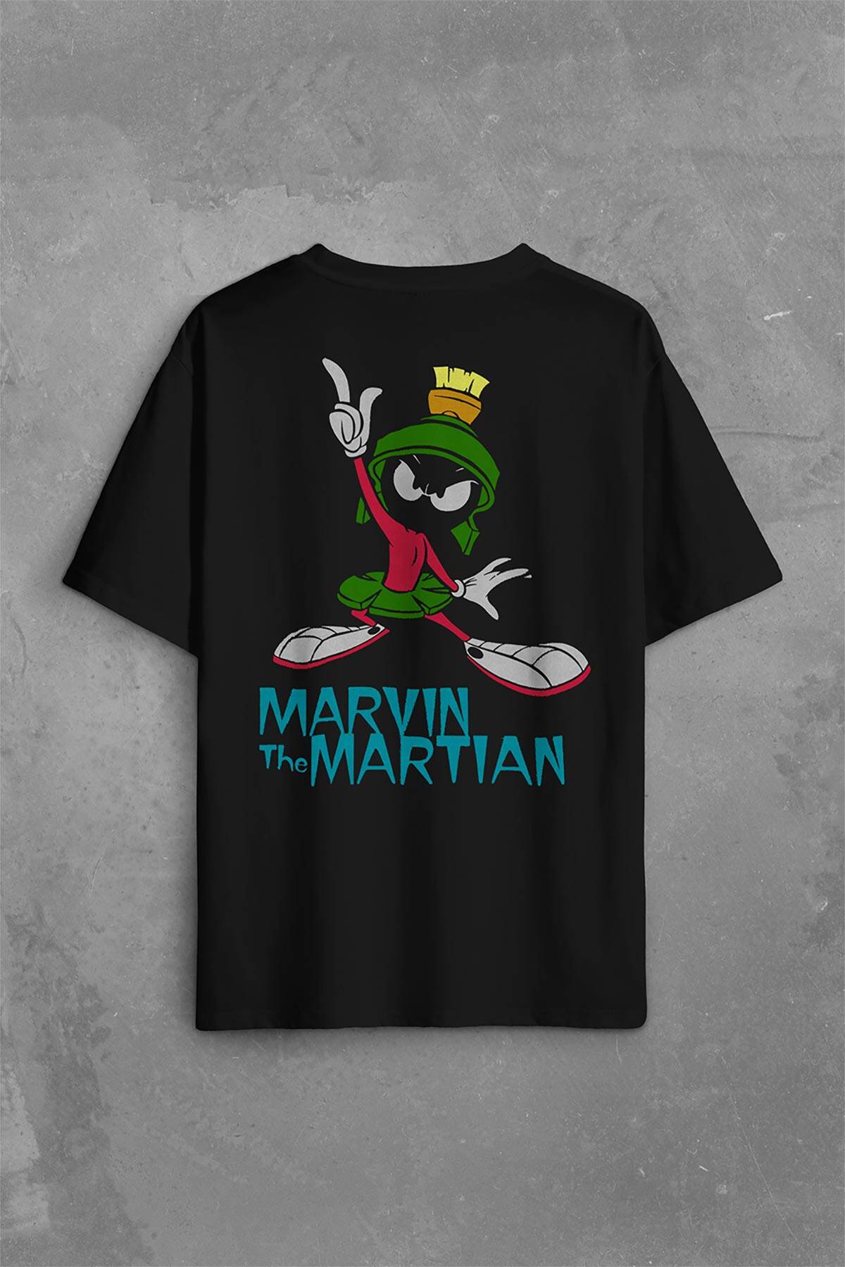 Marvin The Martian Marslı Marvin Çizgi Film Sırt Ön Baskılı Siyah Oversize Tişört Unisex