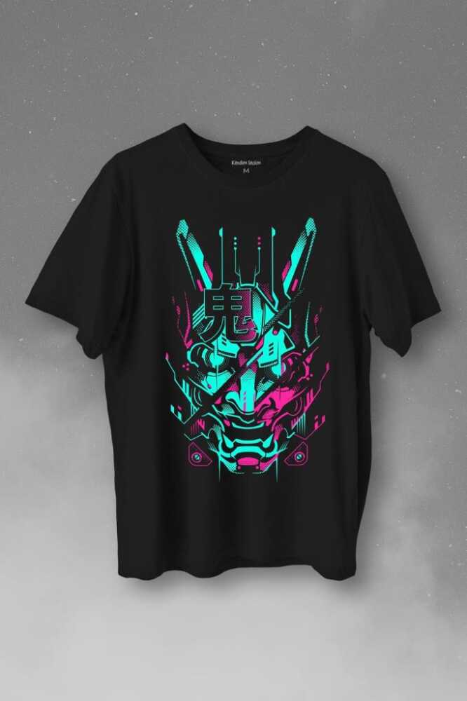 Mask Hannya Demon Japonca Japanese Maske Oni Baskılı Siyah Tişört Unisex