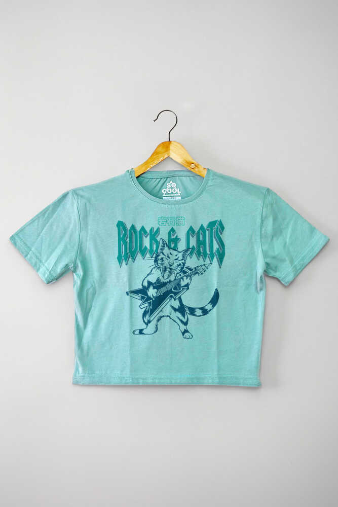 Meowtallica Rock Cat Kedi Gitar Mint Yeşil Kadın Crop Tişört Baby Tee
