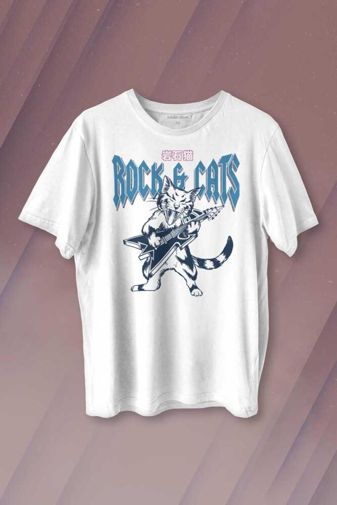 Meowtallica Rock Cat Gitar Kedi Kısa Kollu Baskılı Beyaz Unisex Tişört