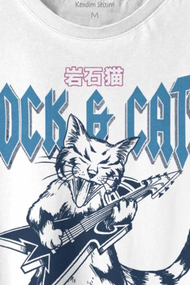 Meowtallica Rock Cat Gitar Kedi Kısa Kollu Baskılı Beyaz Unisex Tişört (1)