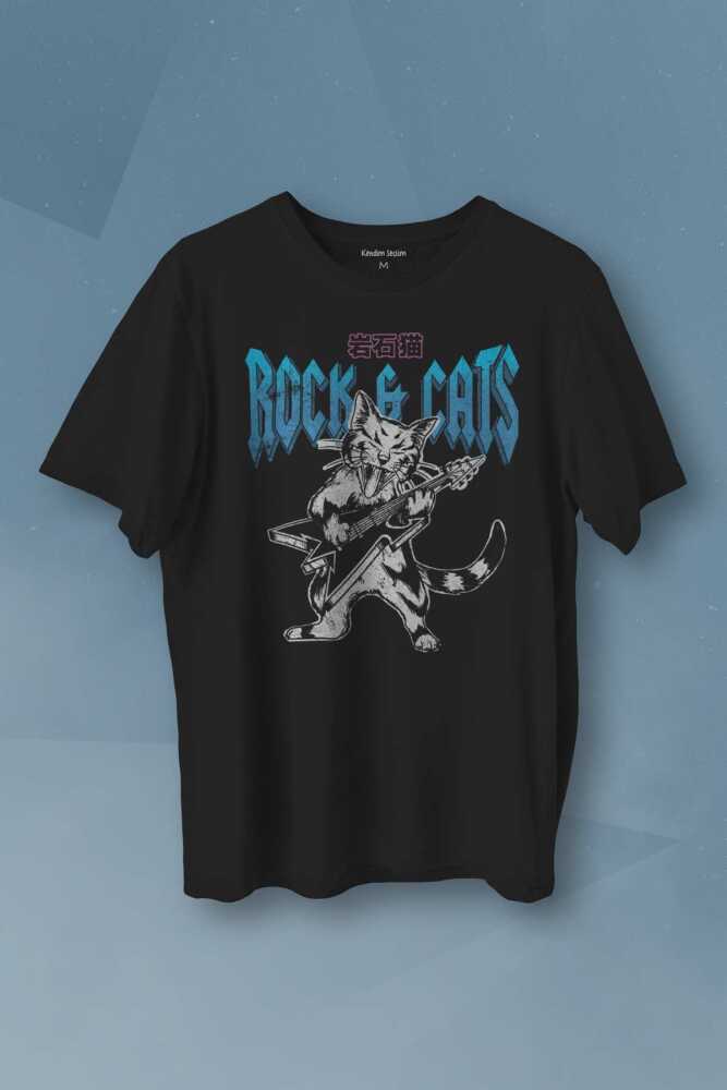 Meowtallica Rock Cat Gitar Kedi Kısa Kollu Baskılı Siyah Unisex Tişört