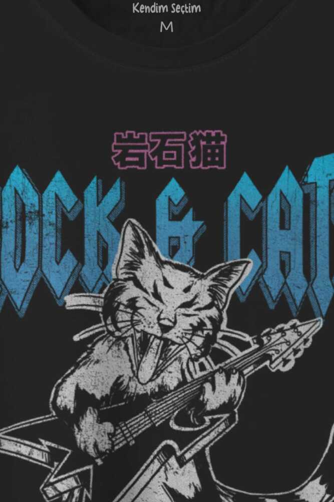 Meowtallica Rock Cat Gitar Kedi Kısa Kollu Baskılı Siyah Unisex Tişört (1)