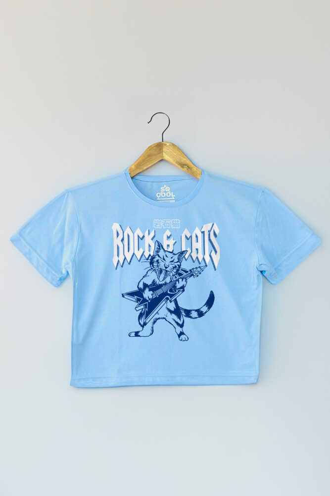 Meowtallica Rock Cat Gitar Kedi Light Blue Açık Mavi Kadın Crop Tişört Baby Tee