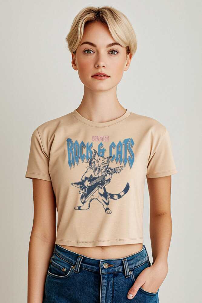 Meowtallica Rock Cat Kedi Gitar Bej Renk Kadın Crop Tişört Baby Tee