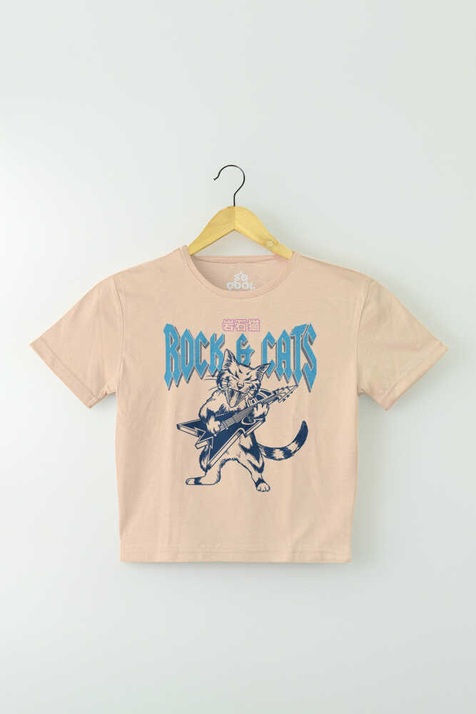 Meowtallica Rock Cat Kedi Gitar Bej Renk Kadın Crop Tişört Baby Tee (1)