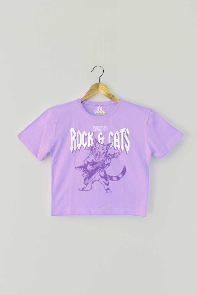Meowtallica Rock Cat Kedi Gitar Lila Kadın Crop Tişört Baby Tee