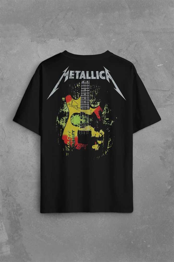 Metallica Kirk Karloff Mummy Guitar Rock Gitar Sırt Ön Baskılı Siyah Oversize Tişört Unisex (1)