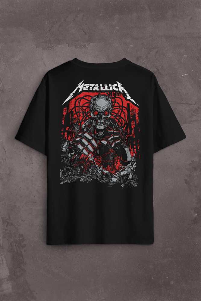 Metallica Rock Music Metal Skull Kuru Kafa James Lars Kırk Robert Sırt Ön Baskılı Oversize Tişört Unisex T-Shirt (1)
