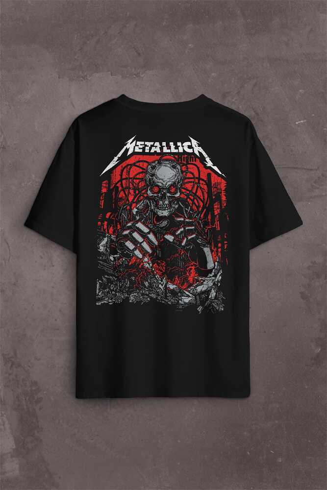 Metallica Rock Music Metal Skull Kuru Kafa James Lars Kirk Robert Sırt Ön Baskılı Oversize Tişört Unisex