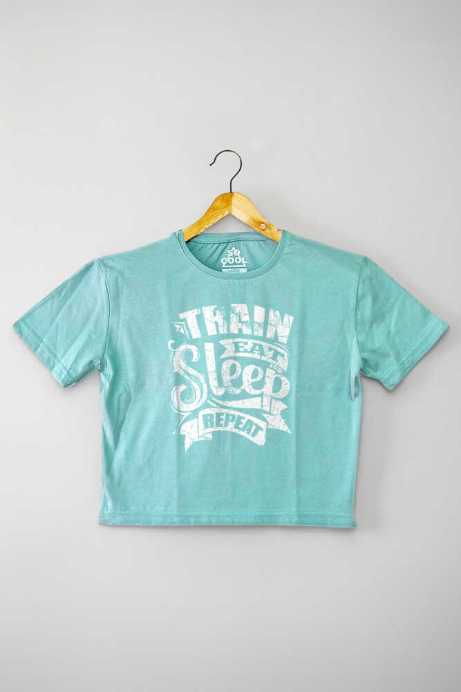 Mint Yeşil Renk Eat Sleep Train Repeat Baskılı Kadın Crop Tişört Baby Tee