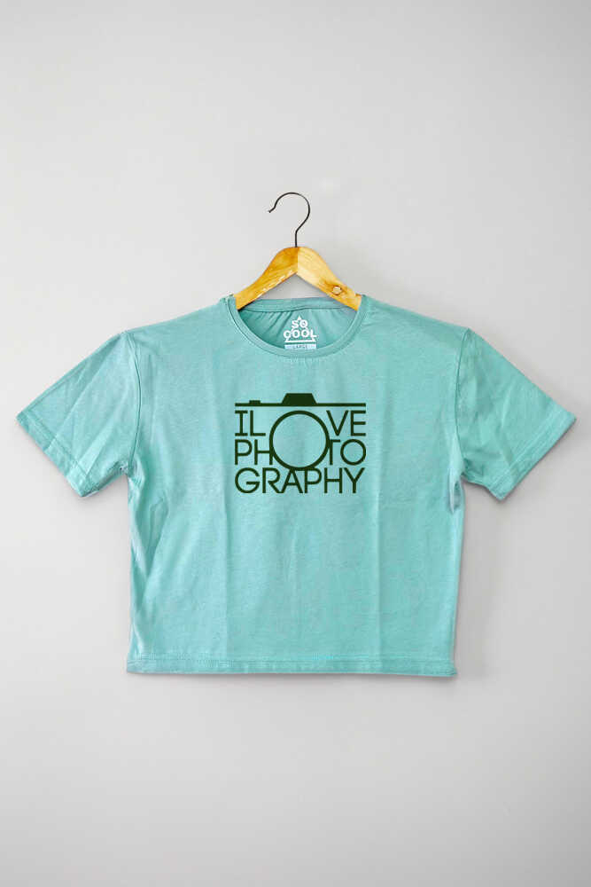 Mint Yeşil Renk I Love Photography Fotoğrafçı Baskılı Kadın Crop Tişört Baby Tee