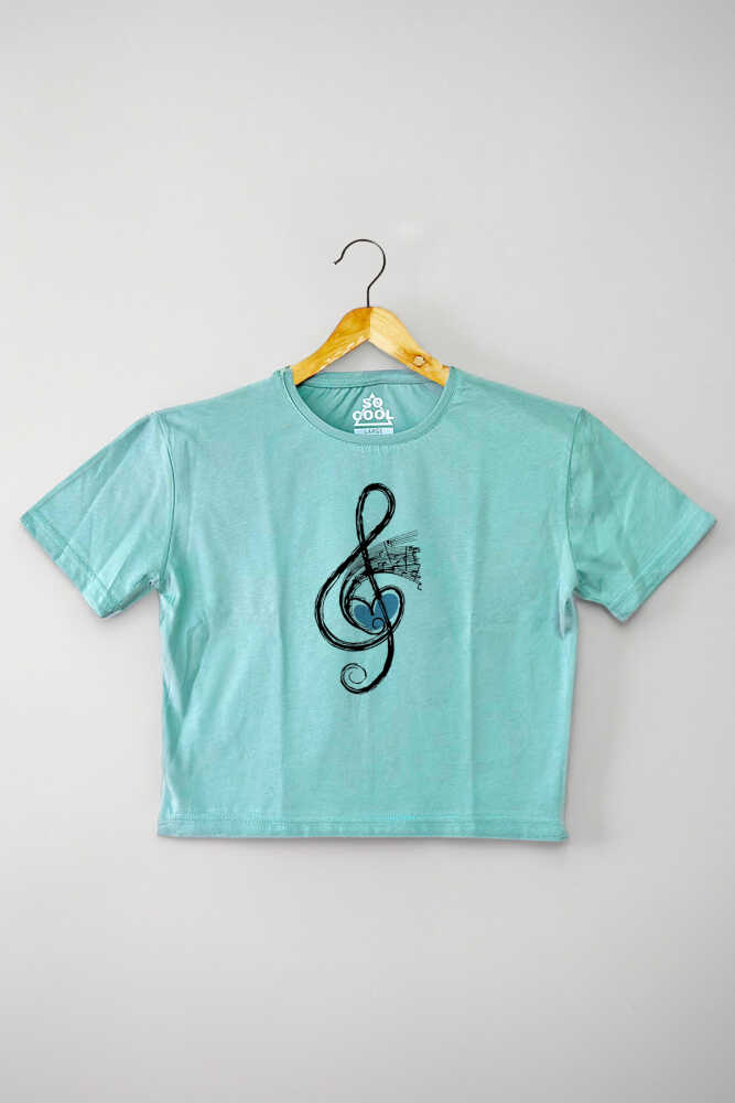 Mint Yeşil Renk Müzik Nota Sol Anahtarı Music Baskılı Kadın Crop Tişört Baby Tee