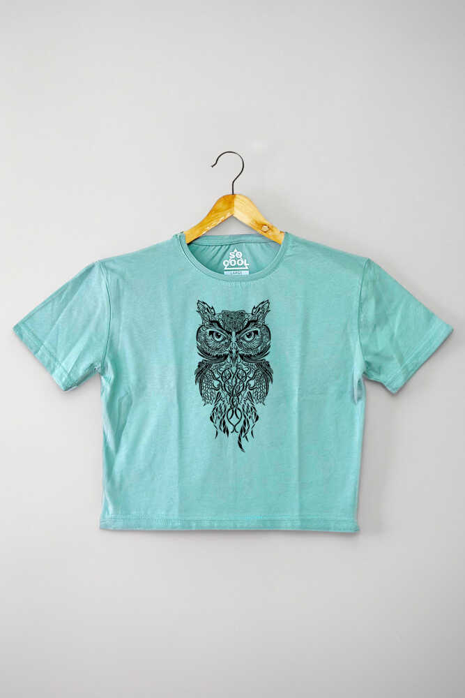 Mint Yeşil Renk Owl Baykuş Design Baskılı Kadın Crop Tişört Baby Tee
