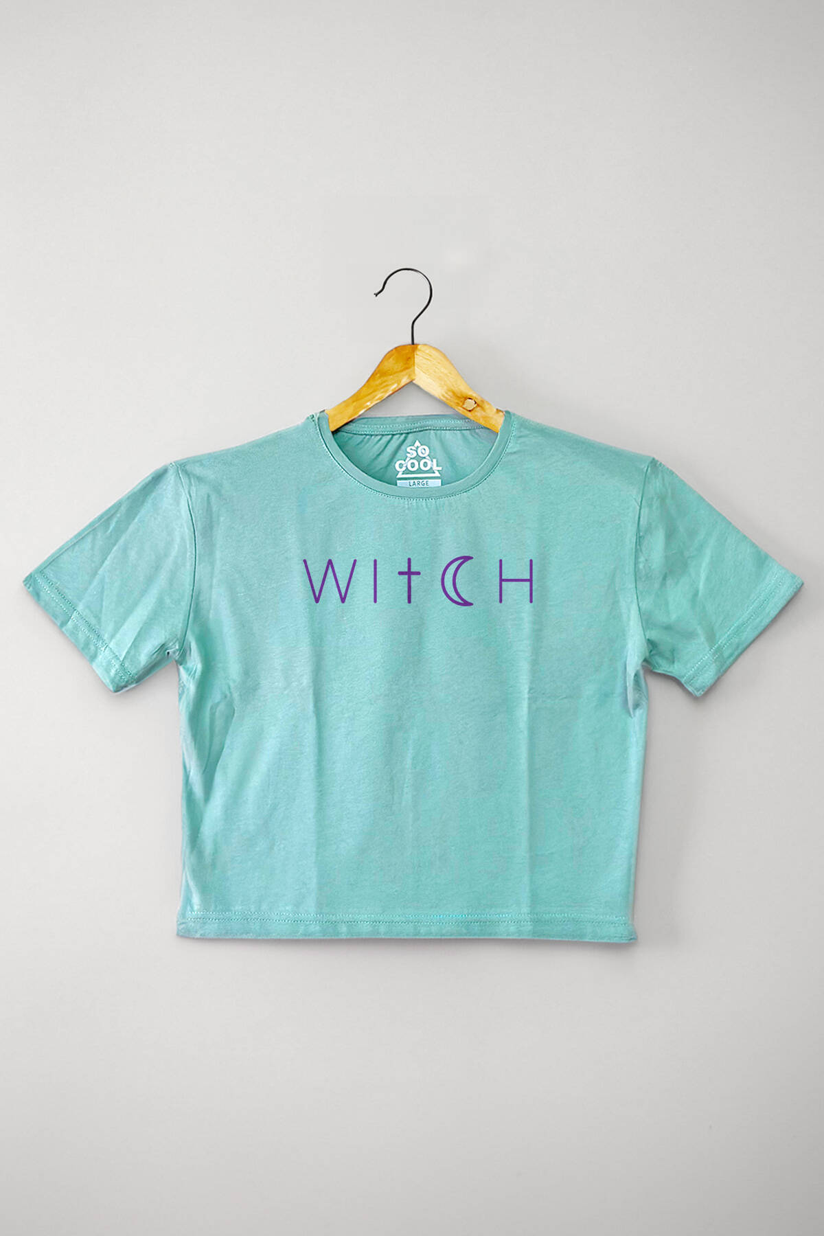Mint Yeşil Renk Crop T-shirt Witch Cadı Baskılı Kadın Tişört Baby Tee