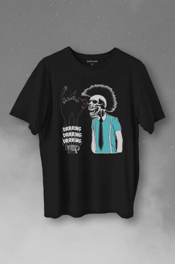 Mohikan İskelet Adam Kara Kedi Nostalji Telefon Zili Baskılı Siyah Tişört Unisex