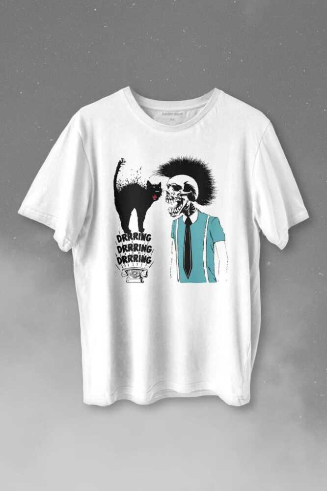 Mohikan İskelet Adam Kara Kedi Nostalji Telefon Zili Baskılı Beyaz Tişört Unisex