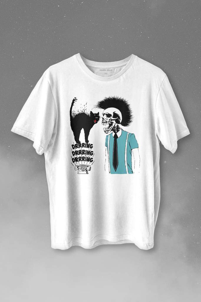 Mohikan İskelet Adam Kara Kedi Nostalji Telefon Zili Baskılı Beyaz Tişört Unisex