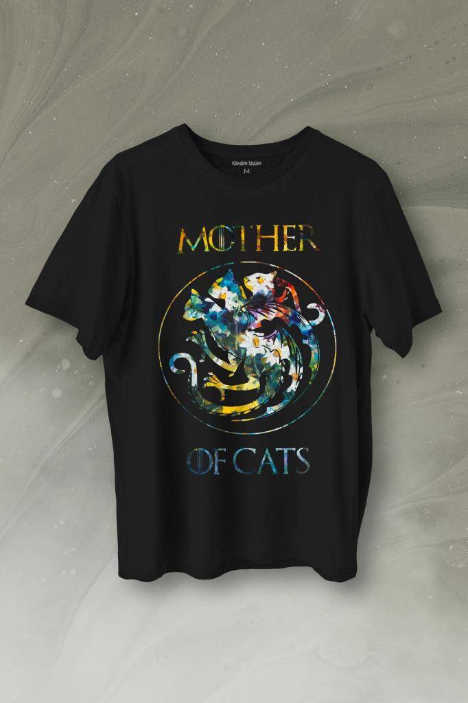 Mother Of Cats Mom Kedi Annesi Hayvansever Veteriner Mommy Baskılı Siyah Tişört Unisex