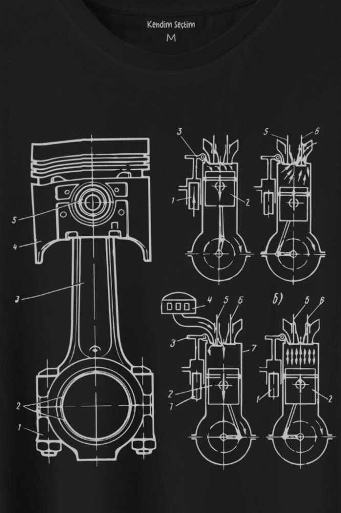 Motor Pistonu Motosiklet Teknik Çizim Grafik Baskılı Siyah Tişört Unisex (1)