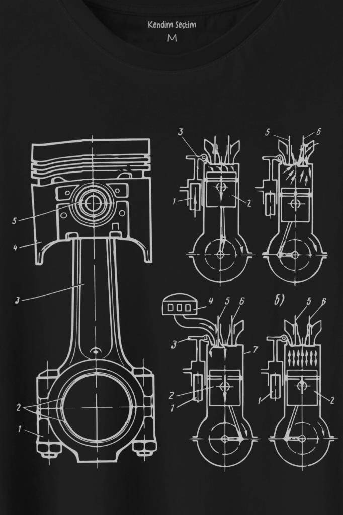 Motor Pistonu Motosiklet Teknik Çizim Grafik Baskılı Siyah Tişört Unisex (1)