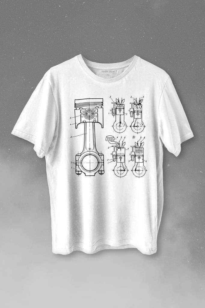 Motor Pistonu Motosiklet Teknik Çizim Grafik Baskılı Beyaz Tişört Unisex