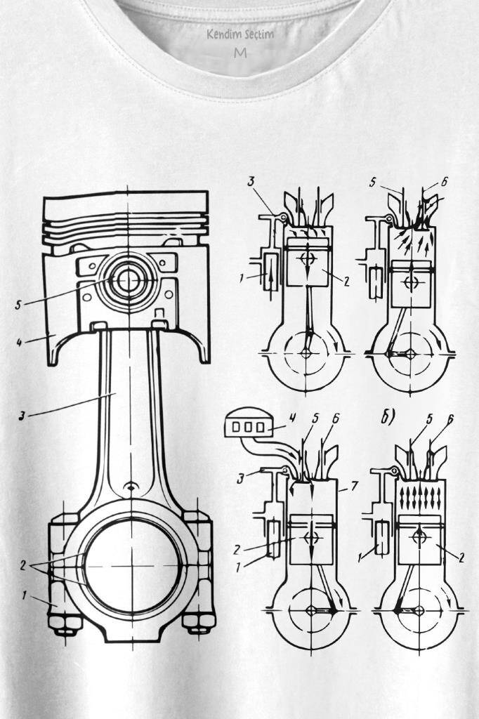 Motor Pistonu Motosiklet Teknik Çizim Grafik Baskılı Beyaz Tişört Unisex (1)