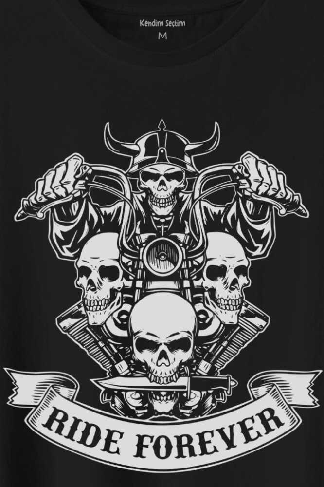 Motorcycle Skull Ride Forever Motosiklet Baskılı Siyah Tişört Unisex (1)