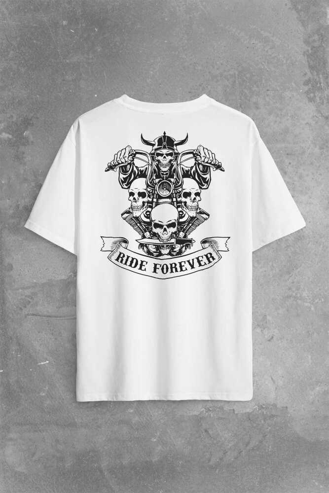 Motorcycle Skull Ride Forever Motosiklet Sırt Ön Baskılı Beyaz Oversize Tişört Unisex