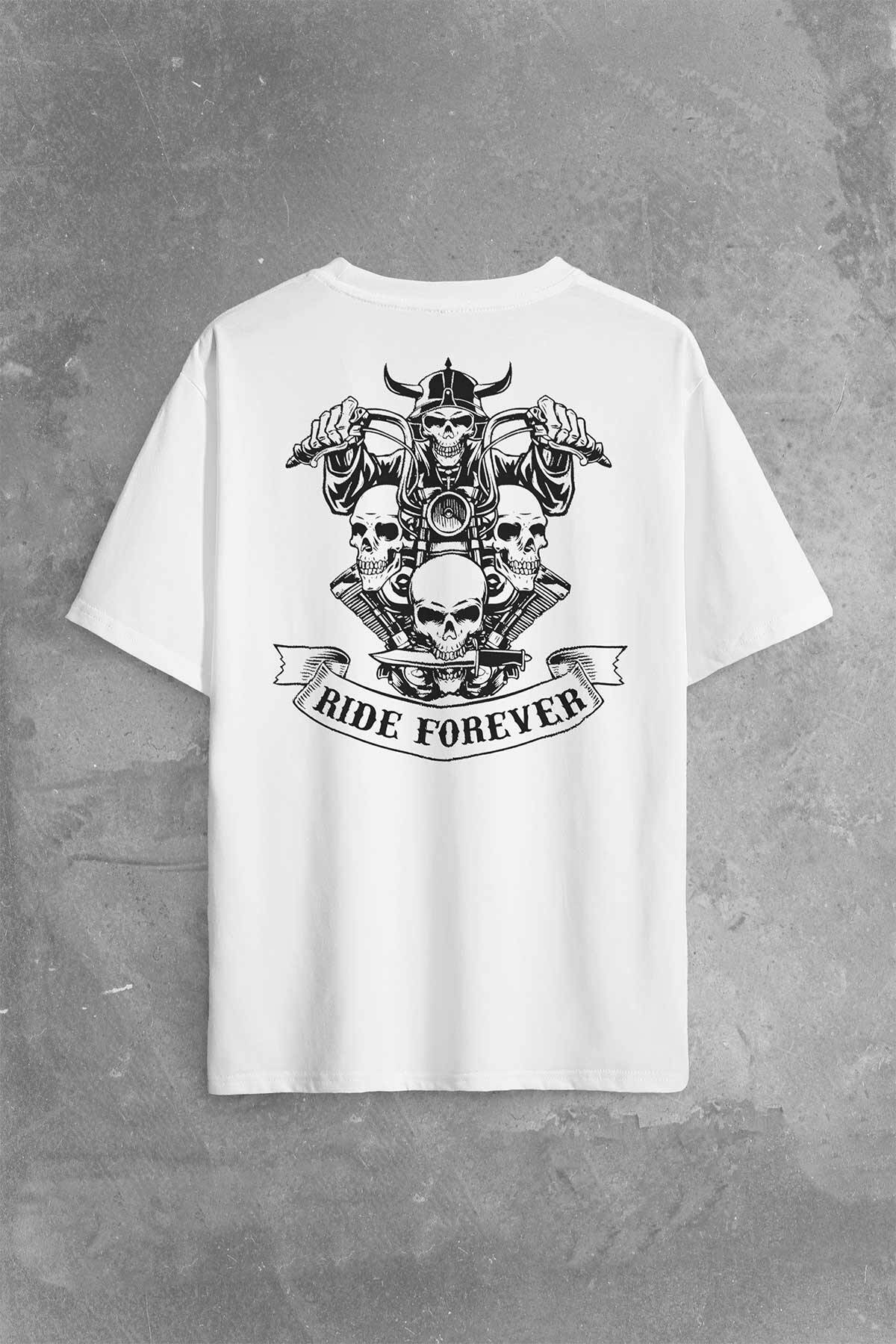 Motorcycle Skull Ride Forever Motosiklet Sırt Ön Baskılı Beyaz Oversize Tişört Unisex