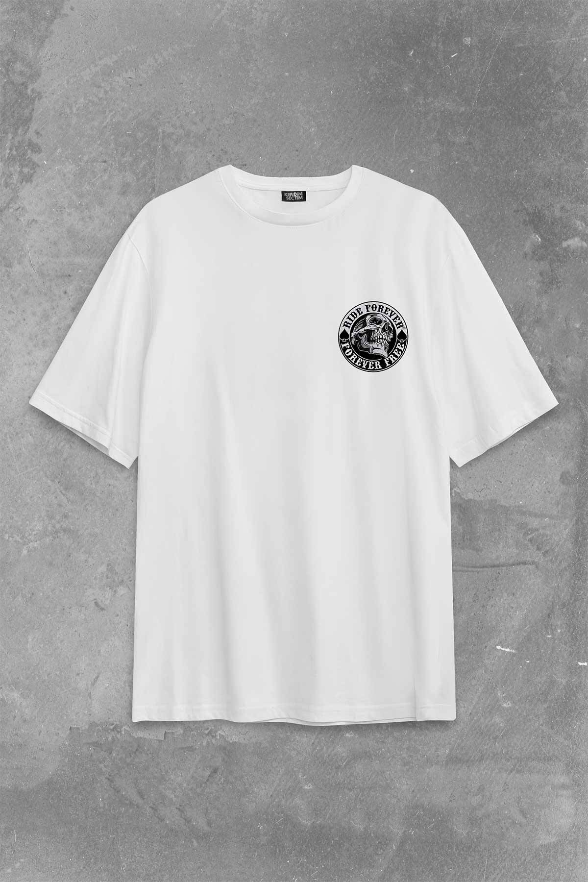 Motorcycle Skull Ride Forever Motosiklet Sırt Ön Baskılı Beyaz Oversize Tişört Unisex (1)