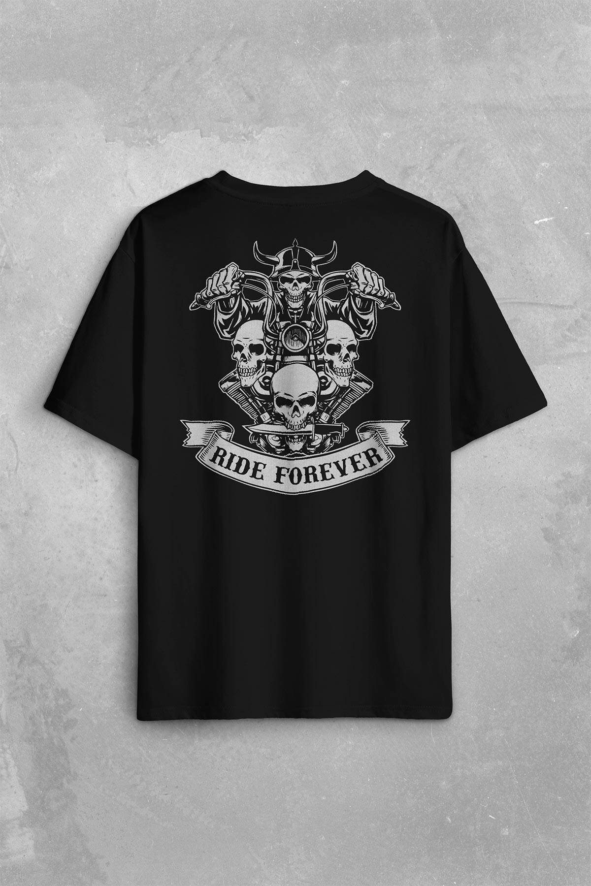 Motorcycle Skull Ride Forever Motosiklet Sırt Ön Baskılı Siyah Oversize Tişört Unisex
