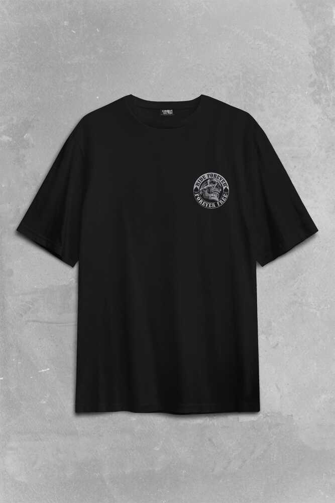 Motorcycle Skull Ride Forever Motosiklet Sırt Ön Baskılı Siyah Oversize Tişört Unisex (1)