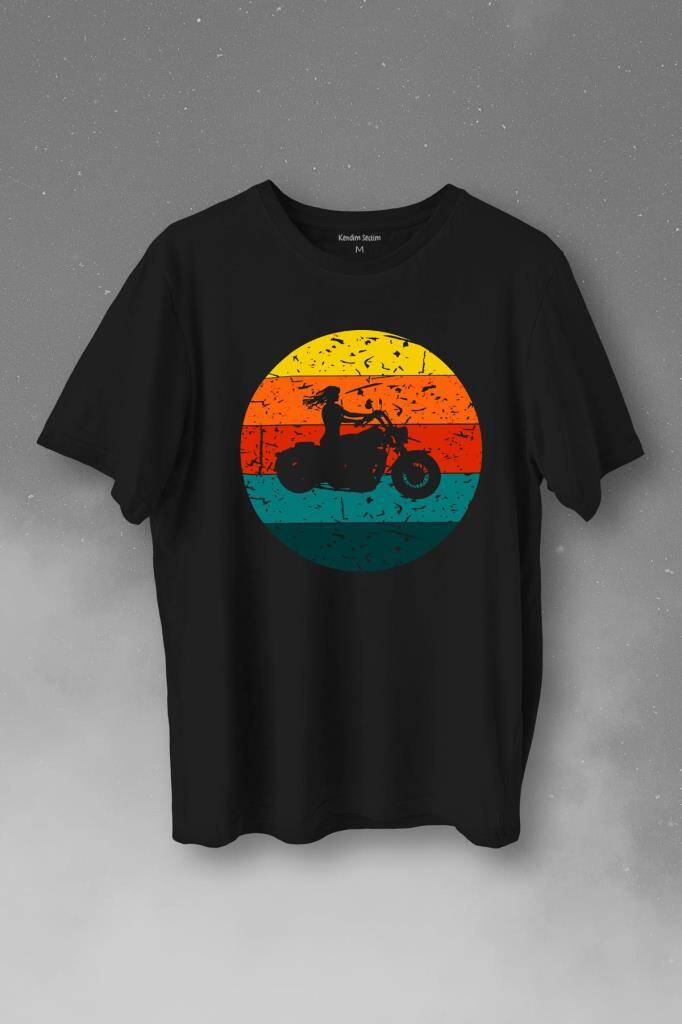 Motorcycle Vintage Woman Silhouette Retro Baskılı Siyah Tişört Unisex