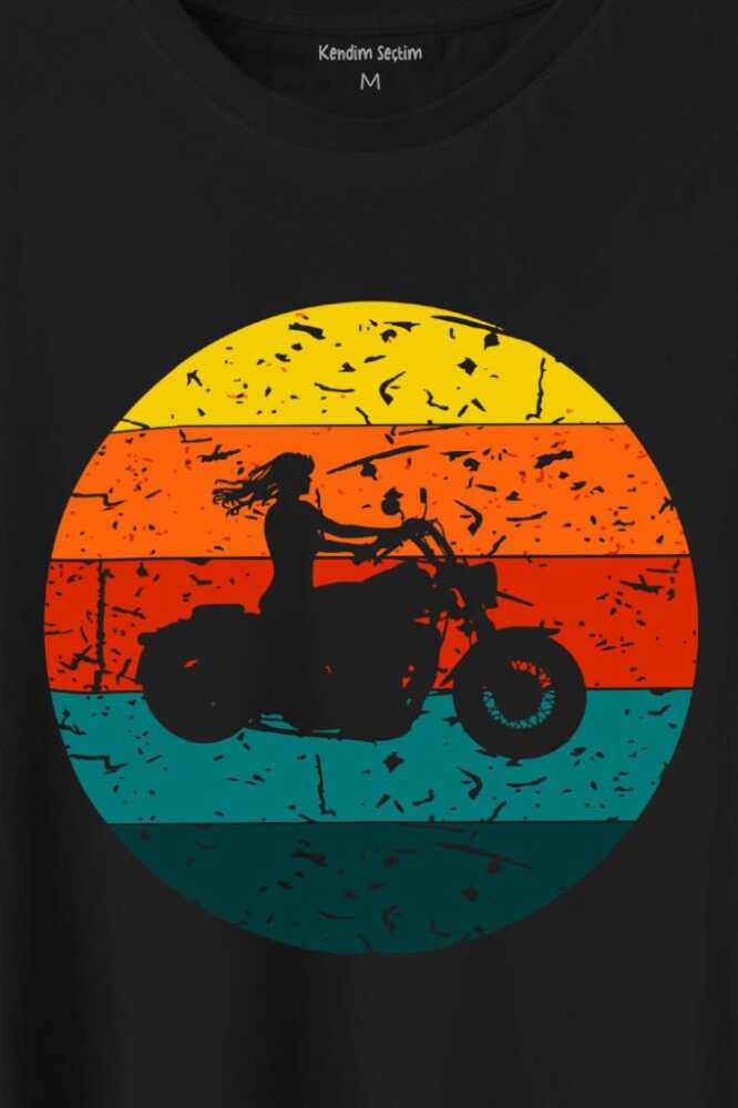 Motorcycle Vintage Woman Silhouette Retro Baskılı Siyah Tişört Unisex (1)