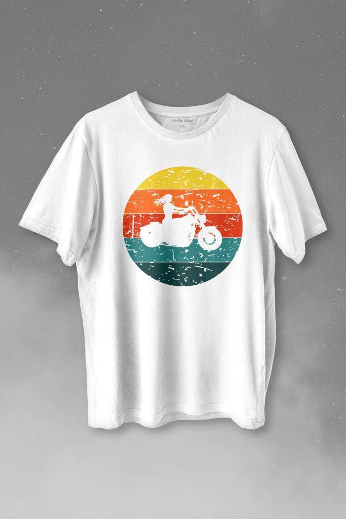 Motorcycle Vintage Woman Silhouette Retro Baskılı Beyaz Tişört Unisex