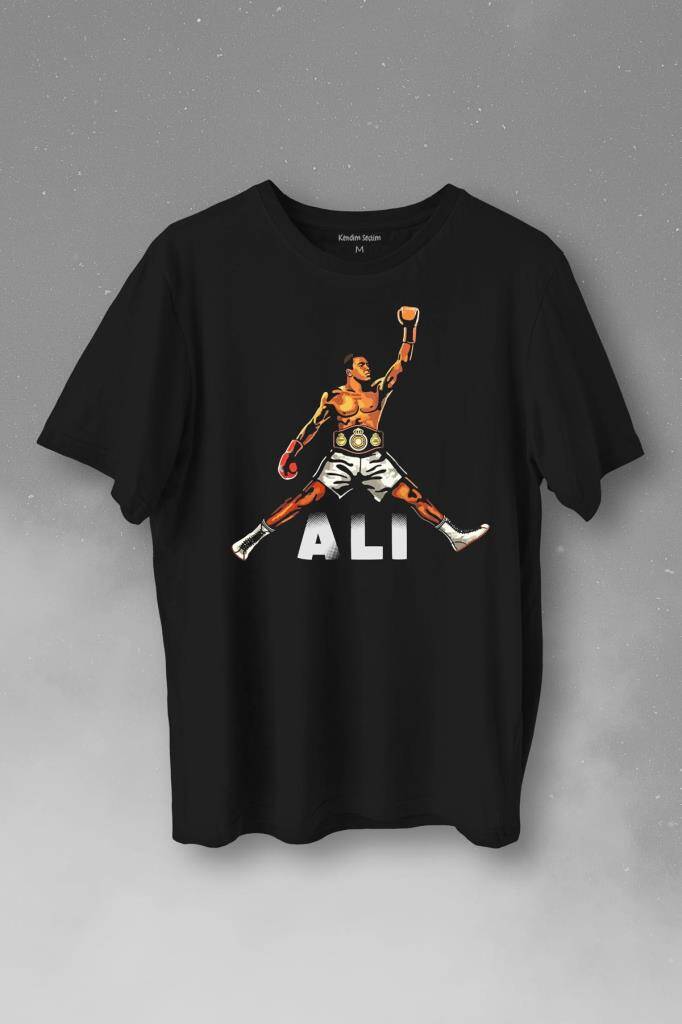 Muhammed Ali Çizim Boks Champion Boxing Baskılı Siyah Tişört Unisex