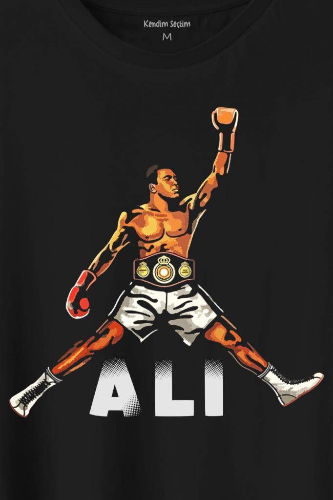 Muhammed Ali Çizim Boks Champion Boxing Baskılı Siyah Tişört Unisex (1)