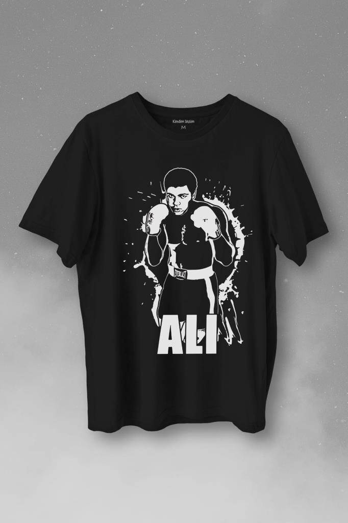 Muhammed Ali Siluet Boks Champion Boxing Baskılı Siyah Tişört Unisex
