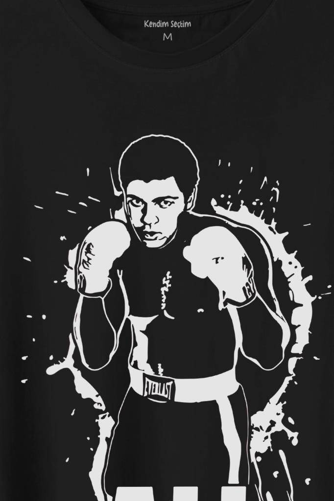 Muhammed Ali Siluet Boks Champion Boxing Baskılı Siyah Tişört Unisex (1)