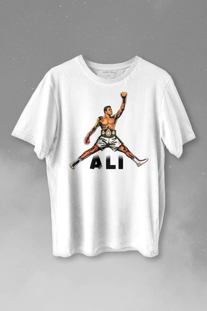 Muhammed Ali Çizim Boks Champion Boxing Baskılı Beyaz Tişört Unisex