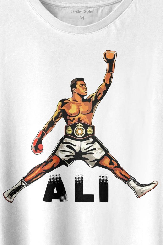 Muhammed Ali Çizim Boks Champion Boxing Baskılı Beyaz Tişört Unisex (1)