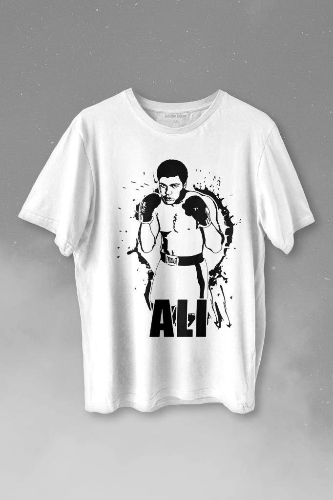 Muhammed Ali Siluet Boks Champion Boxing Baskılı Beyaz Tişört Unisex