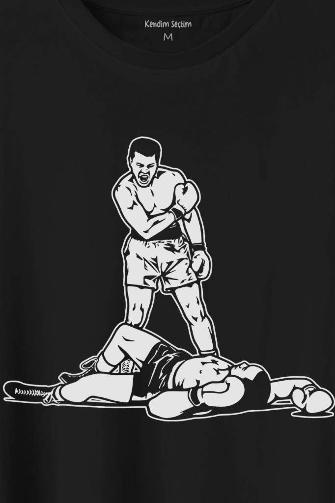 Muhammed Ali Sonny Liston Ağır Siklet Boks Nakavt Boxing Baskılı Siyah Tişört Unisex (1)