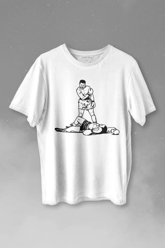 Muhammed Ali Sonny Liston Ağır Siklet Boks Nakavt Boxing Baskılı Beyaz Tişört Unisex