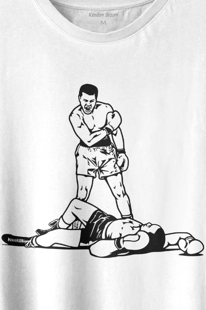 Muhammed Ali Sonny Liston Ağır Siklet Boks Nakavt Boxing Baskılı Beyaz Tişört Unisex (1)