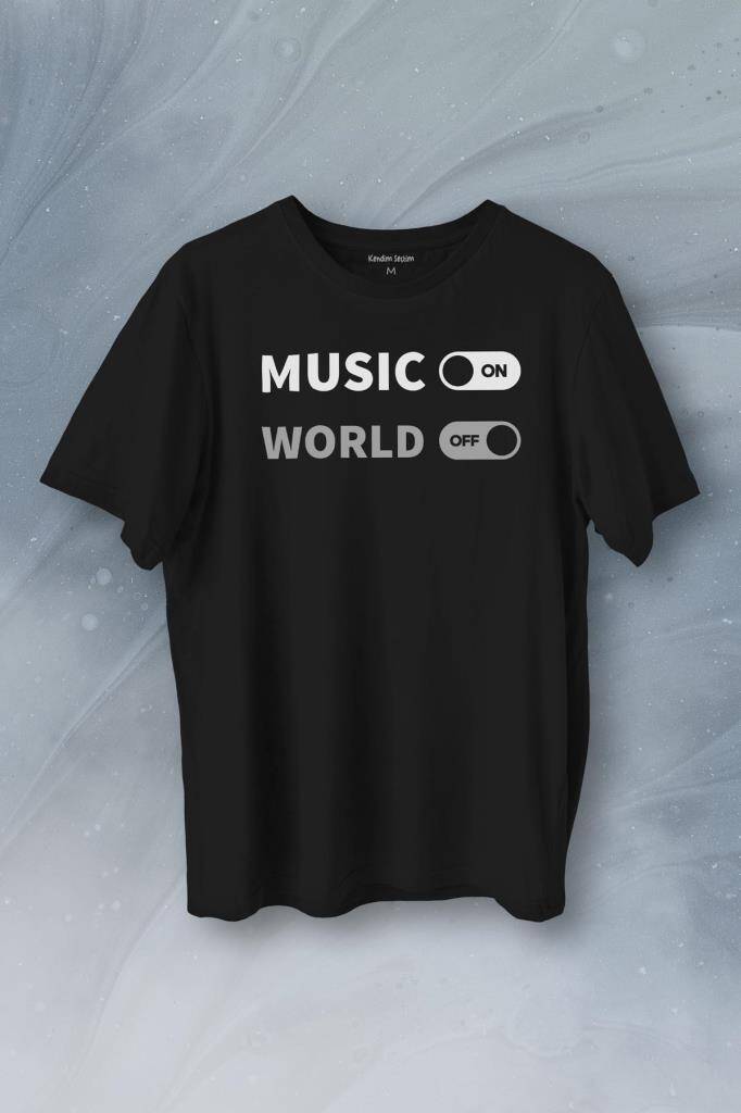Music On World Off Müzik Dünya Baskılı Siyah Tişört Unisex