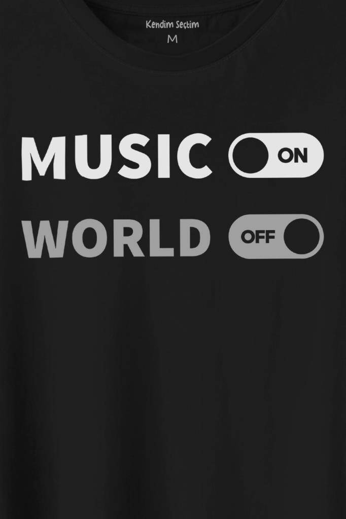 Music On World Off Müzik Dünya Baskılı Siyah Tişört Unisex (1)